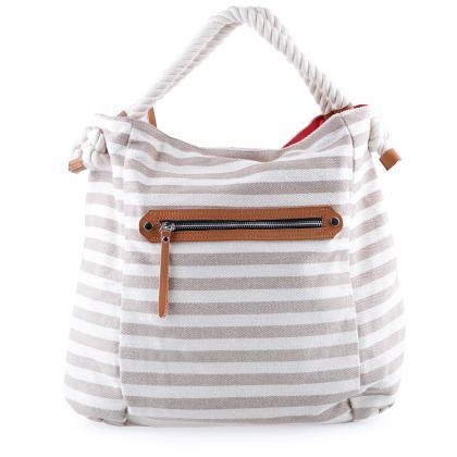 Striped Canvas Tote. Beige And White Bag