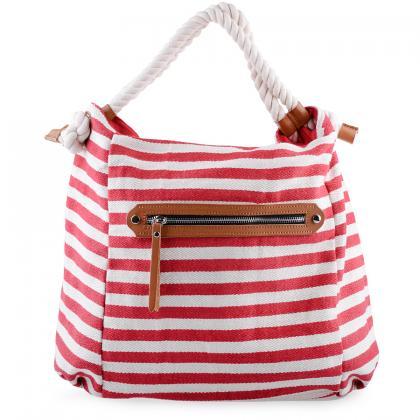 Red And White Stripes Canvas Tote Bag With Rope..