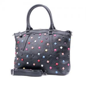 Black Leather Tote With Rivets, Multicolor Rivets..