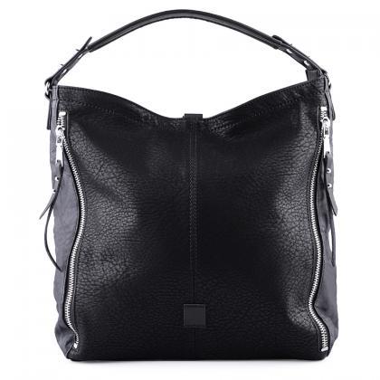 Black Leather Hobo Handbag With Zippers. Black..