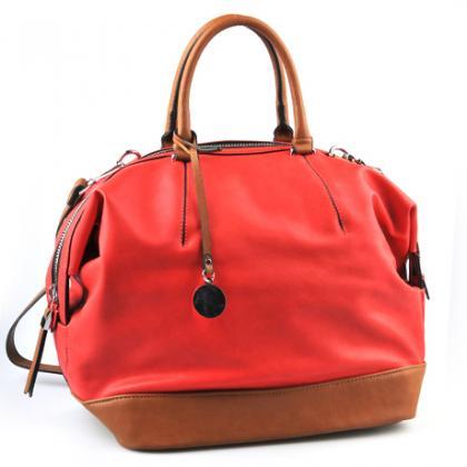 Coral Red Leather Tote Handbag, Red Tote, Red..