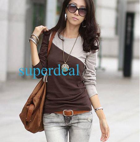 Women Blouses Shirts T-shirt 2 Color Blouse Long Sleeve Cotton Casual Tops Blouses T-shirt, Stripe Blouse, Grey And Brown