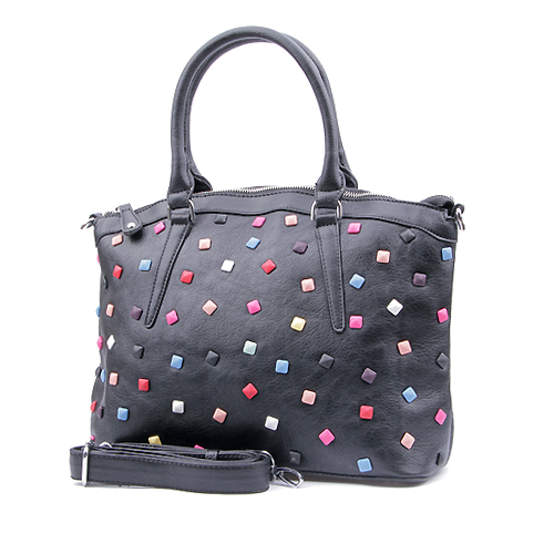 Black Leather Tote With Rivets, Multicolor Rivets Black Leather Handbag, Geometric Handbag, Geometric Tote, Laptop Bag
