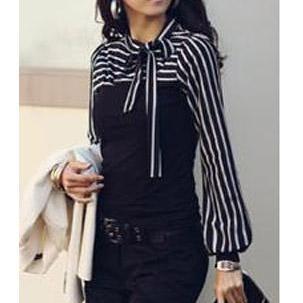 2014 New Arrival Women Blouses Shirts New Polo Neck Stripes Long Puff Sleeve Cotton Casual Tops Blouses T-Shirt, Stripe Blouse, Black and White