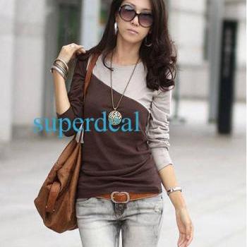 Women Blouses Shirts T-Shirt New 2 Color Blouse Long Sleeve Cotton Casual Tops Blouses T-Shirt, Stripe Blouse, Grey and Brown